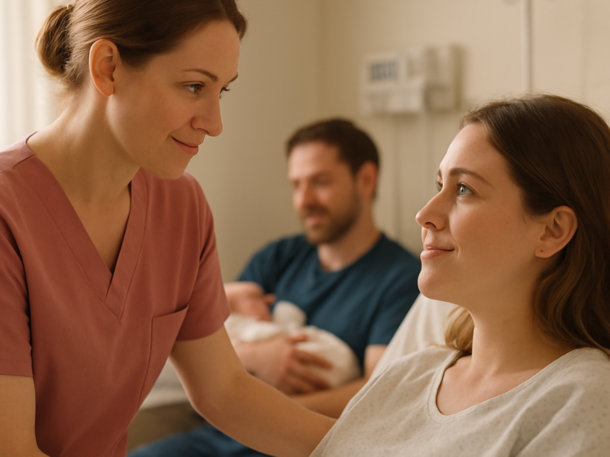 Dr. Ute Taschner - Gute Kommunikation bei der Geburt Dr. Ute Taschner - Hebamme spricht einfühlsam mit Wöchnerin im Krankenhauszimmer, im Hintergrund hält ein Mann ein Neugeborenes.